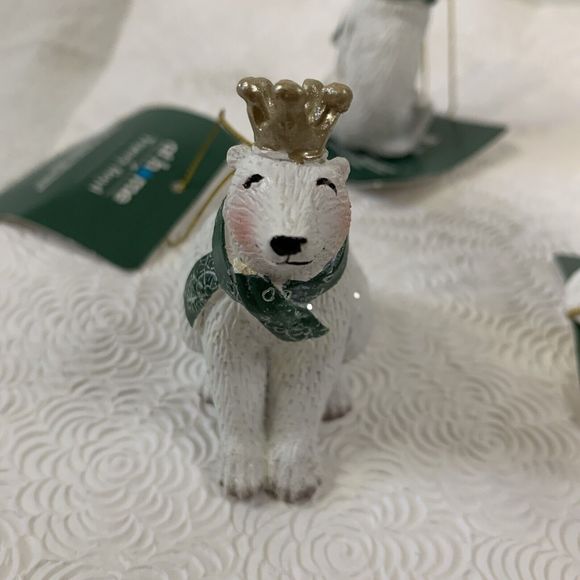 5 Christmas Tree Ornaments Fox Bear Owl with Crowns Ceramic White Green Gold Lot - Picture 4 of 16